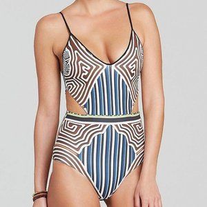 Clover Canyon Striped Labyrinth Cut Out Swimsuit M